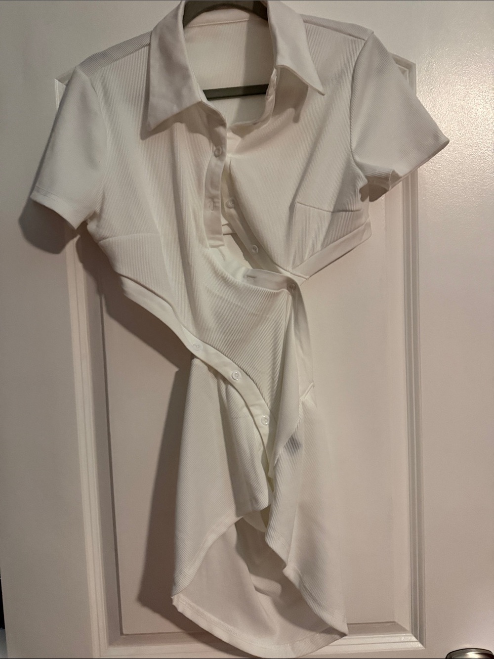 Women's White Short-Sleeve Collared Button-Up Top, Half Back out